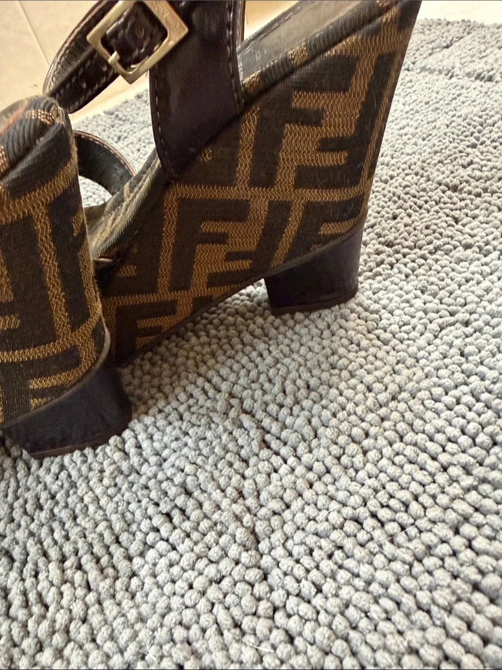 Fendi Brown Logo Canvas and Dark Brown Leather Wedge Sandals size 36 1/2 6 1/2 - Picture 3 of 6